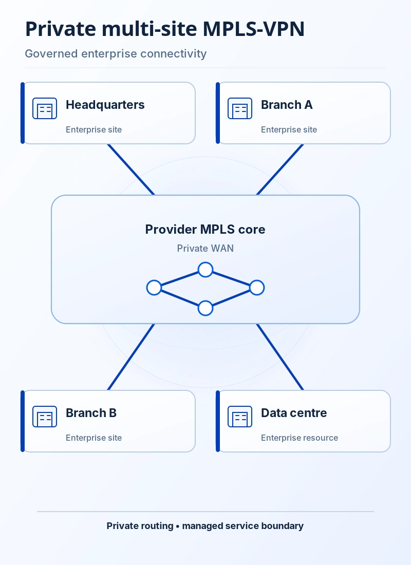 MPLS VPN architecture showing enterprise sites, provider edge, MPLS core, data centre, cloud connectivity and backup paths.