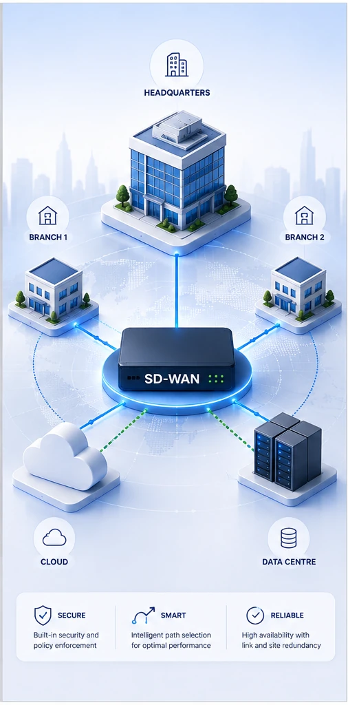 SD-WAN-Network SD-WAN enterprise branch connectivity architecture with cloud and data centre paths
