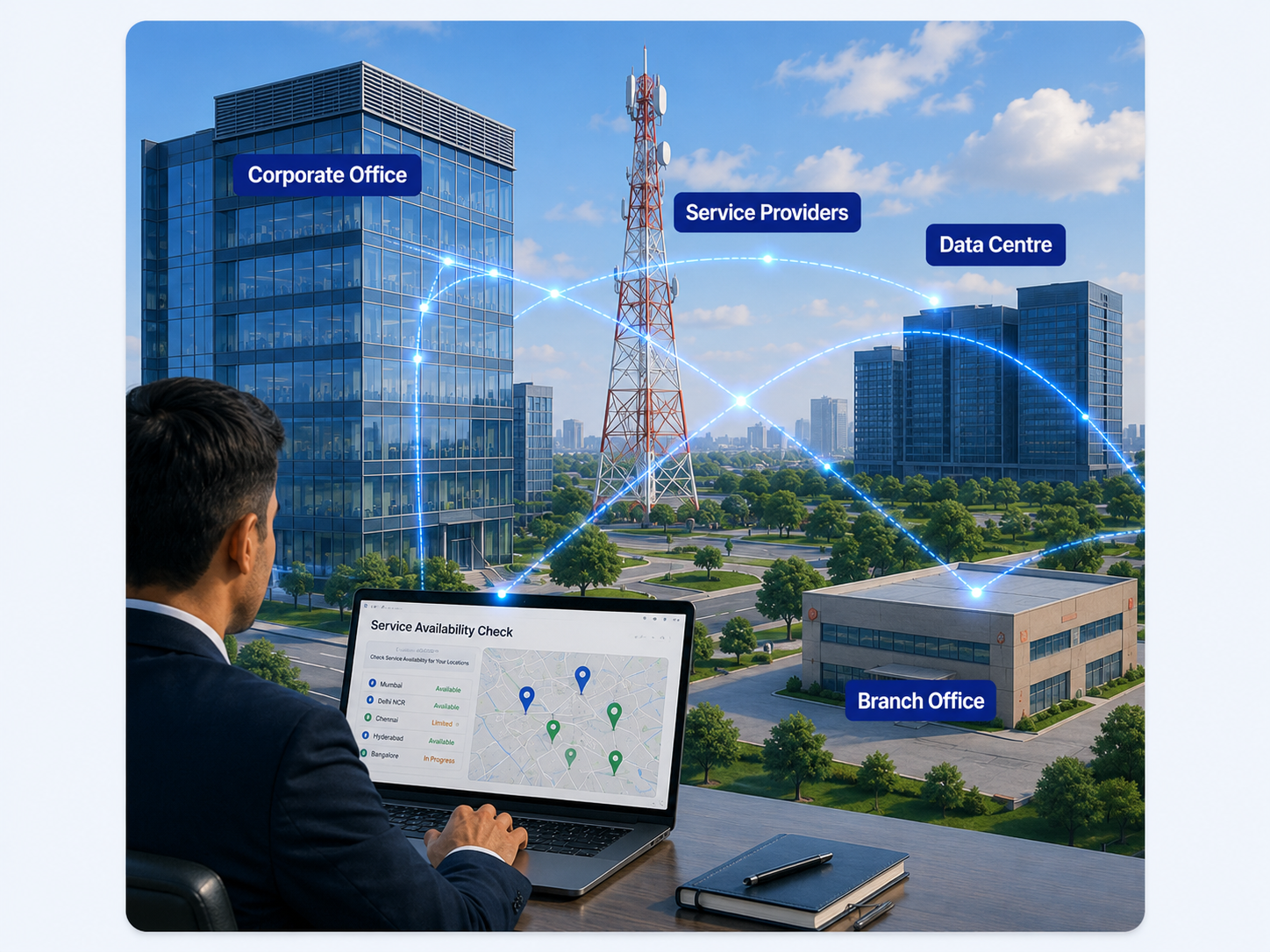 CloudShots Leasedline Feasibility Enterprise connectivity feasibility assessment connecting a corporate office, branch office, service providers and data centre.
