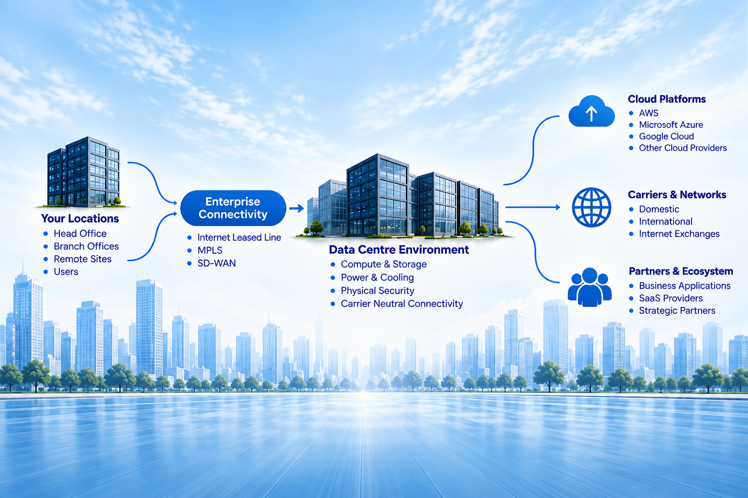 Enterprise data centre architecture with connectivity, cloud and network integration