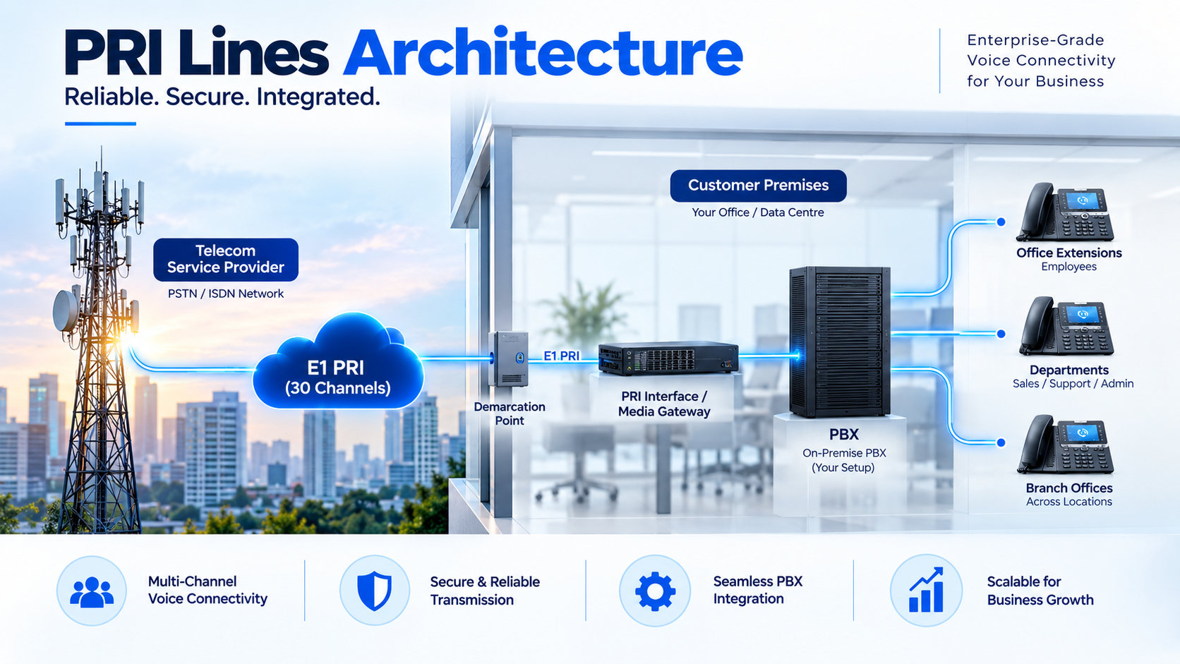 pri-lines-architecture-tablet-mobile PRI Lines architecture connecting telecom network, PBX and business phones
