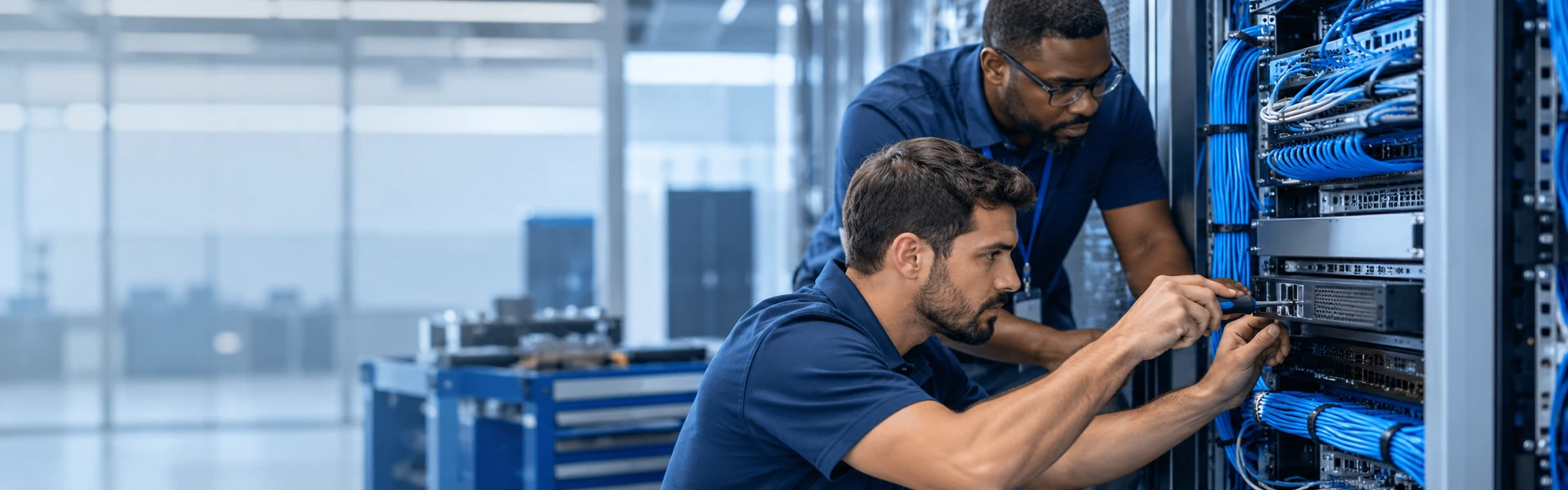 Network engineers installing and testing equipment