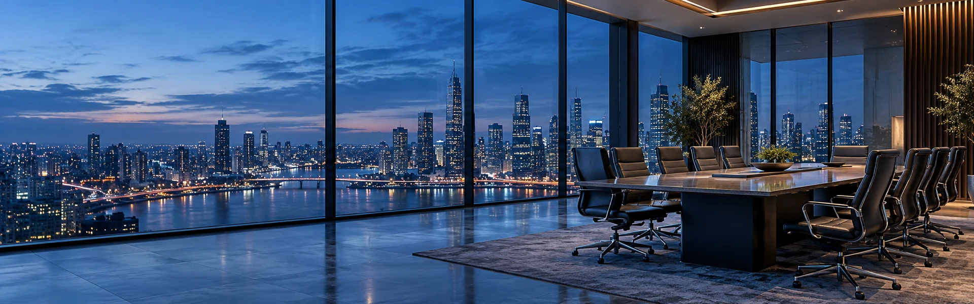 Corporate office meeting room at dusk